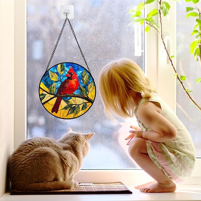 Stained Glass Window Hanging, Blue Sky Cardinal Sun Catchers Colorful Glass Panel Red Birds Suncatcher Decor for Birthday for Women, Men, Wife, Aunt, and Mom 6.3 in