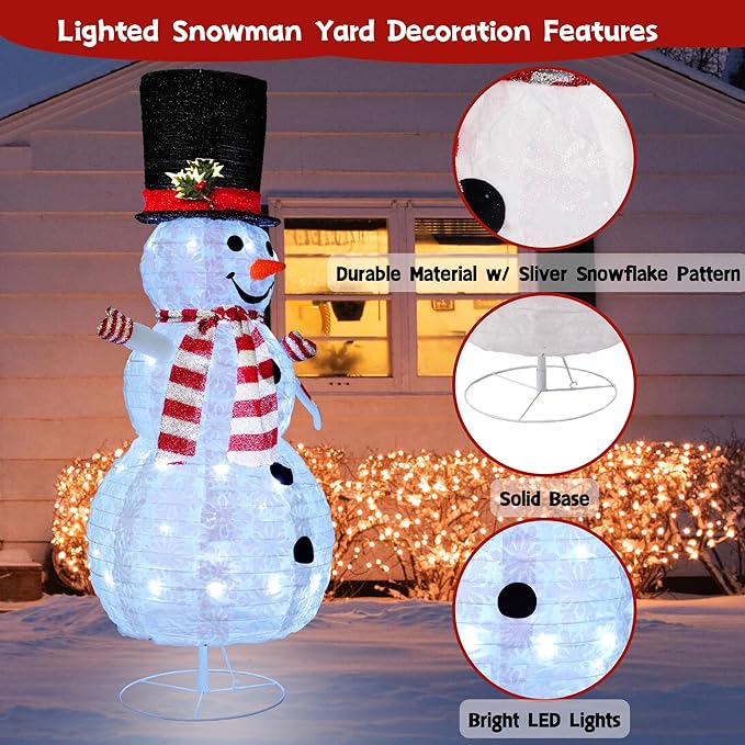 Buheco Light Up Snowman Christmas Decorations Outdoor Lighted Snowmen Indoor Outside Yard Decor 3.6ft Cute Pre Lit Pop Up Collapsible for Lawn Porch Xmas Vacation Party with 48 Led Lights-Metal Stand