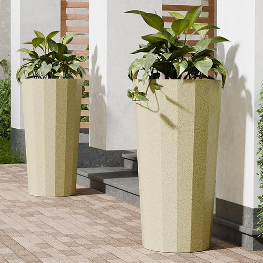 23.6" Tall Planters for Outdoor Plants, Large Outdoor Planters for Porch Decor with Drainage Hole, Wide Stripe Design Flower Pots Fits Indoor Plants Patio/Garden, Plastic Off White (2 Pack)