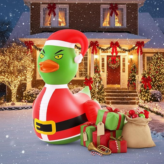 Hungdao 1 Pcs 4 Feet PVC Christmas Giant Inflatable Green Hair Monster Duck Huge Rubber Large Blow up Duck Christmas Pool Floats for Xmas Holiday Indoor Outdoor Pool Decorations