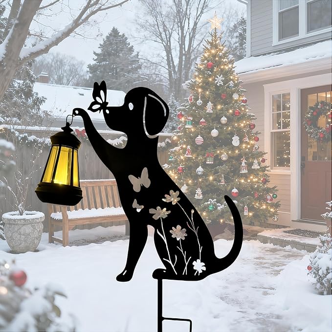 Metal Dog Christmas Garden Decor for Outside Silhouette Decorative Garden Stakes Yard Art,Patio,Lawn Ornaments Gifts for Women/Men/Dog Lovers (1pc)