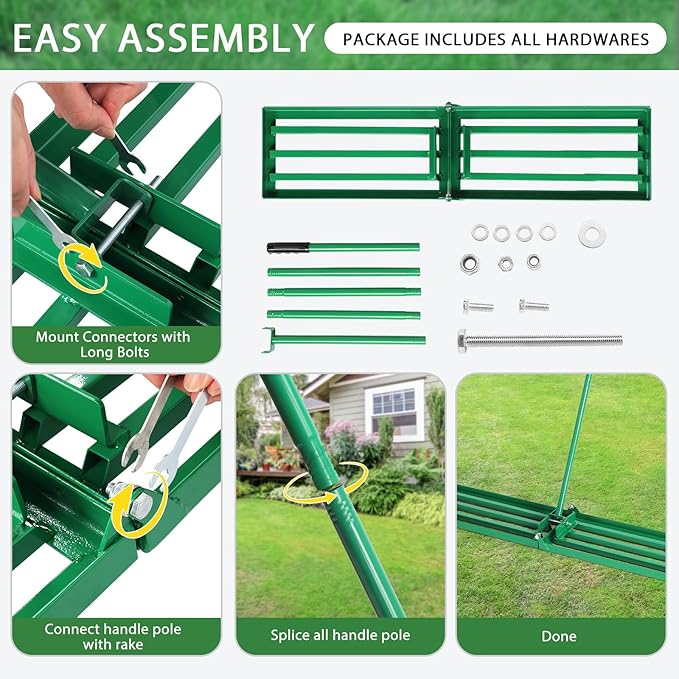 VINGLI Iron Lawn Leveling Rake 36in for Soil Sand Composs, Extended Handle, 180°Rotation Head, with All Handwares, for Yard Garden Golf Field, Green (36in)