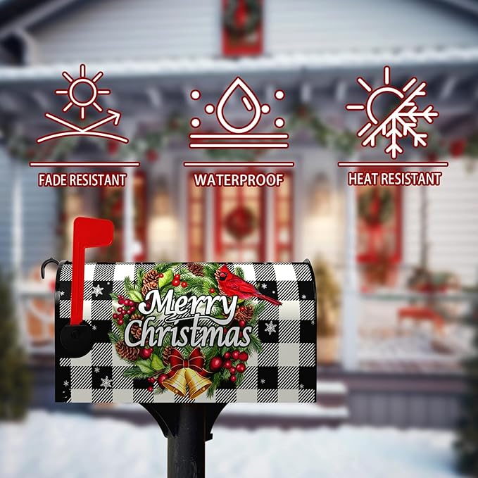 Merry Christmas Mailbox Covers Magnetic Standard Size Winter Buffalo Plaid Mailbox Post Cover Xmas Snowflake Mailbox Wraps Holiday Decor Waterproof 21 X18 Inch