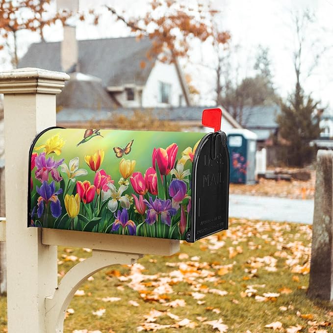 Easter Floral Mailbox Cover Magnetic, Tulip Lily Flowers Mailbox Wrap, 21"x18" Spring Summer Standard Size Waterproof Letter Post Cover for Yard Garden Outdoor Outside Decoration