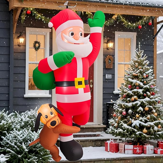 6 FT Christmas Inflatables Santa Claus Decoration with Gifts Bag,Hanging Blow Up Santa Decor with Built-in LED Lights,Outdoor Xmas Yard Decoration Holiday Party Supplies with Dog for Tree Roof Garden