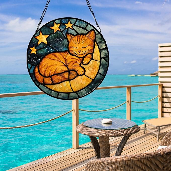 Stained Glass Window Hanging - Orange Cat Sun Catcher for Door Home Decor Stars and Moon Suncatcher Christmas Mother's Day Birthday Loss of a Pet Gifts for Women Men Mom Nana 11.8 in