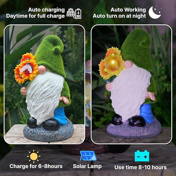 Garden Gnome Statues Decor with Solar Lights, Outdoor Decorations for Yard Porch Lawn Balcony Patio, Housewarming Gifts