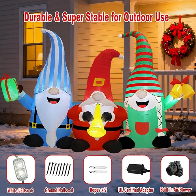 Christmas Decorations Inflatables Outdoor, 6FT Long 3 Gnomes with Gift Box, Trumpet and Bell, Cute Xmas Blow Up Built-in LED Lights Holiday Decor for Indoor Garden Yard Lawn