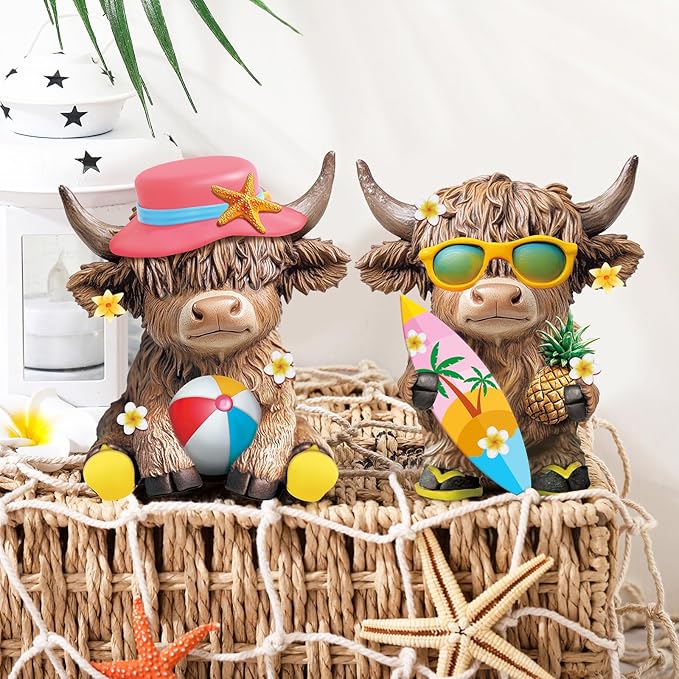 Karenhi 2 Pcs Highland Cow Figurines Summer Beach Seaside Coastal Highland Cow Gnomes Scottish Resin Statue Calf Lovers Gifts for Summer Home Garden Kitchen Office Tiered Tray Table Decor