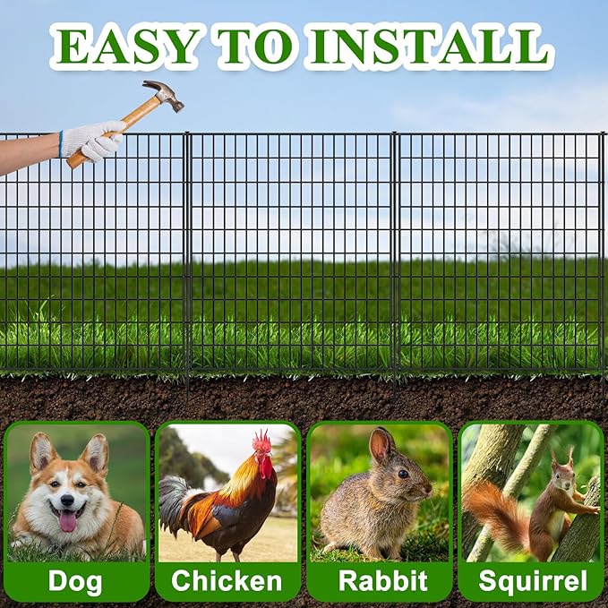 10 Panels Garden Fencing Animal Barrier, 33 in(H) X 24 ft(L) Rabbit Fence for Outdoor Yard No Dig Decorative Tall Garden Fence Metal Wire Rustproof Panel Border Patio Dog Ground Stakes Fencing