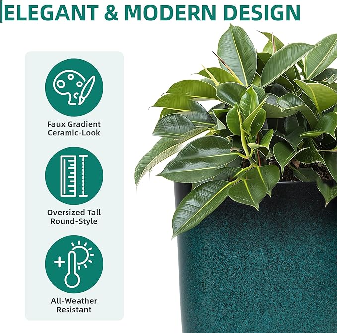23.8" Tall Pots for Plants Ceramic Style Large Plant Pot Outdoor Set of 2 Indoor Flower Pots for Front Porch Decor Durable Plastic Planters for Garden, Patio, Living Room, Turquoise