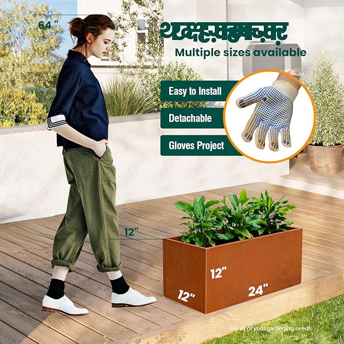 Corten Steel Planter Box Metal Outdoor Large Rectangular Rustic Durable Antique Detached for Commercial Residential Patio Deck and Backyard 24" x 12" x 12"