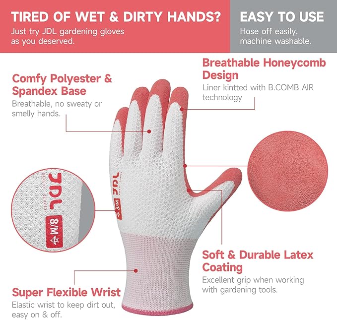JDL Gardening Gloves for Women, 2 Pairs Breathable Latex Coated Yard Garden Gloves, Rubber Outdoor Protective Work Gloves with Grip, Pink, Large Size