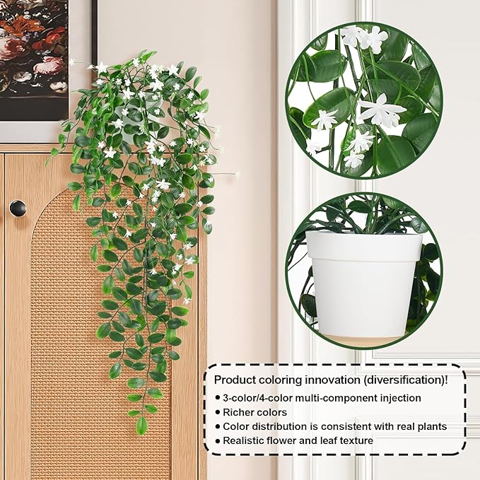 Artificial Hanging Plants, 2Pcs Fake Ivy Vine Artificial Ivy Leaves with White Flowers for Wedding Wall House Room Patio Indoor Outdoor Home Office Decor White