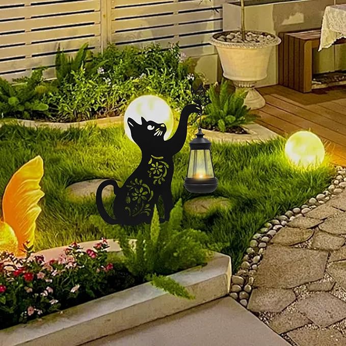 Yard Decorations, Black Metal Cat Stake with Solar Light for Outdoor, Cat Garden Decor, Garden Decoration, Cat Silhouette, Outdoor Solar Decorative for Garden, Lawn, Yard