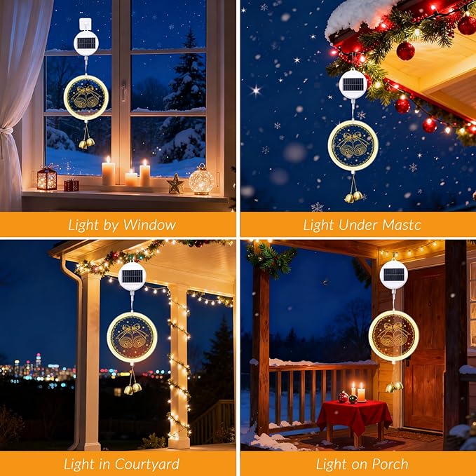 Solar Hanging Lights - Outdoor Indoor Christmas Decorations for Window, Garden, Patio, Porch,Holiday Home Decor, (Jingle Bell)