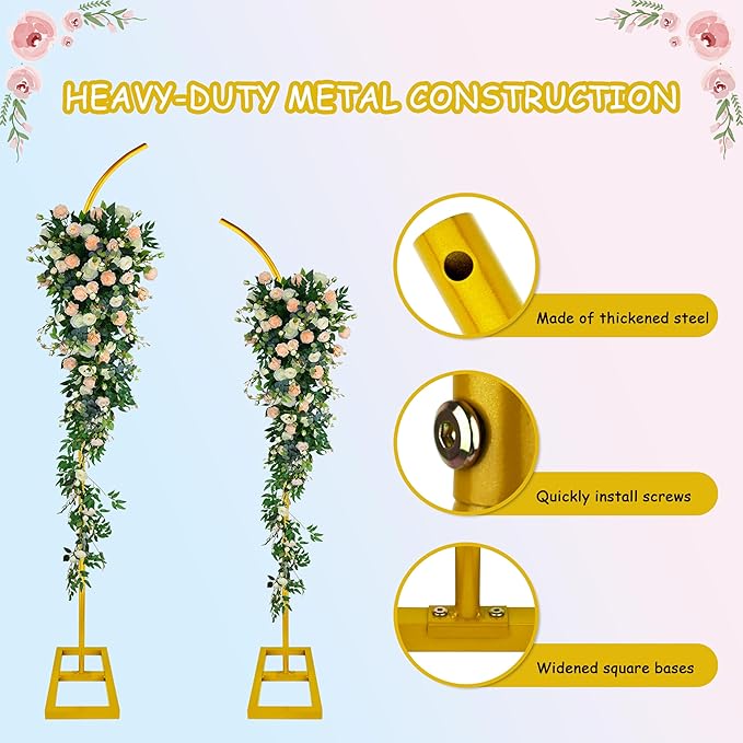 Wedding Arch Stand Flower 7.58FT Half Arch Stand with Base for Flowers, Portable Gold Metal Balloons Ceremony Decor - Reusable Wedding Arches for Decorations