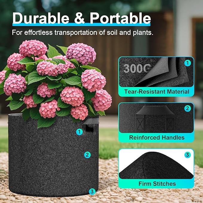 Land Guard 4-Pack Fabric Grow Bags 25 Gallon, Thickened Nonwoven Garden Pots, Growing Bags with Handles, Black