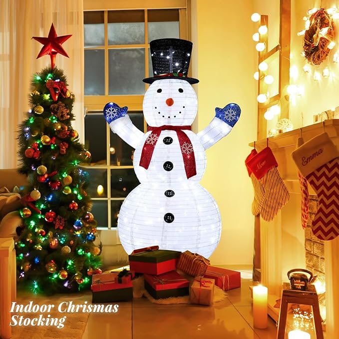 VINGLI 6FT Lighted Snowman Christmas Decorations Outside w/ 200 LED Lights, Pop-up Snowman Ornaments Outdoor with Ground Stakes for Party Holiday Indoor Decor
