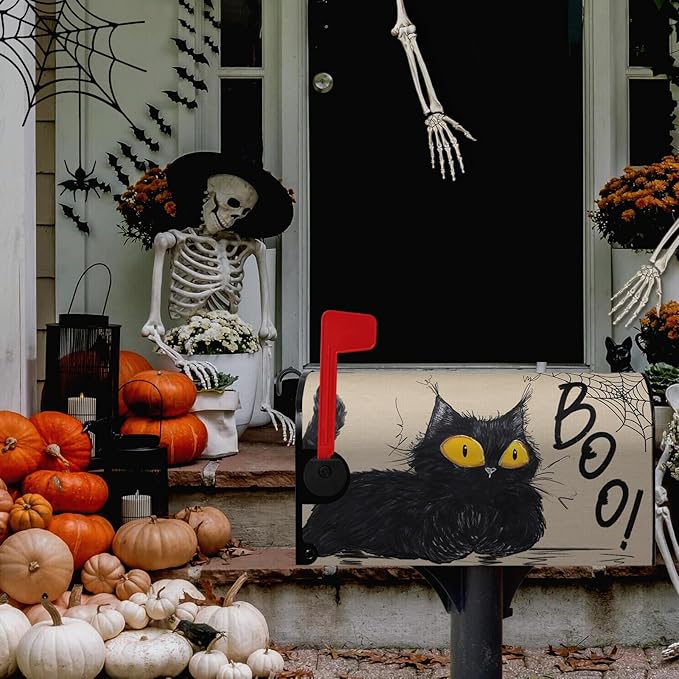 Halloween Cat Mailbox Covers - Magnetic Boo Mailbox Wraps - Standard Size Spider Net - Garden Decorations - 21" X 18"