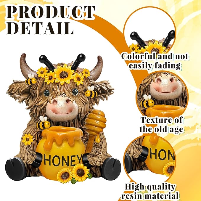 2 Pack Bee Highland Cow Resin Figurine Summer Bee Bathroom Highland Cow Gnomes with Sunflower Starfish Resin Statue for Garden Table Shelf Home Decor Calf Gnome Herd Gifts