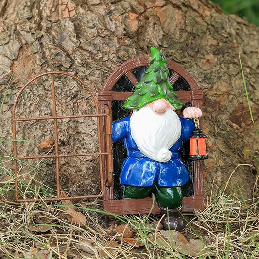 Garden Gnome Open The Door Garden Decor Resin Tree Faces Decor Outdoor Fairy Garden Patio Lawn Porch (Blue)