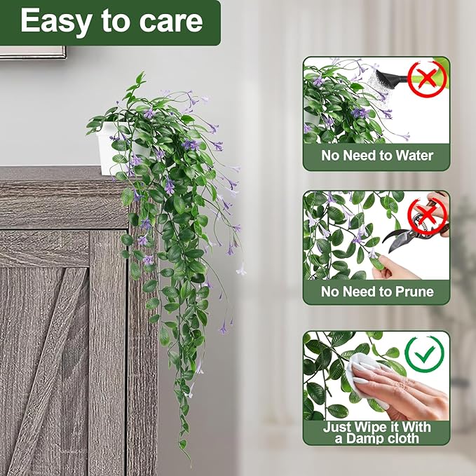 Artificial Hanging Plants, 2Pcs Fake Ivy Vine Artificial Ivy Leaves with Purple Flowers for Wedding Wall House Room Patio Indoor Outdoor Home Office Decor Purple