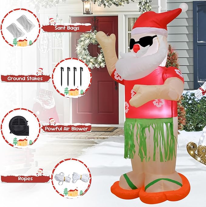 4FT Christmas Inflatable Santa Claus Holiday Decoration,Fun Xmas Santa Blow up Decor for Indoor Outdoor Yard Garden Lawn Party, Hawaii Theme Santa Wear Colorful Shirt Cool Sunglasses