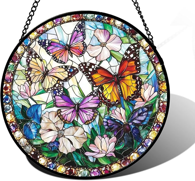 Stained Glass Window Hanging, Colorful Butterfly Suncatcher for Doors Home Sun Catchers Decoration and Christmas, Mother's Day Birthday Gifts for Women, Men, and Mom 7.8 in