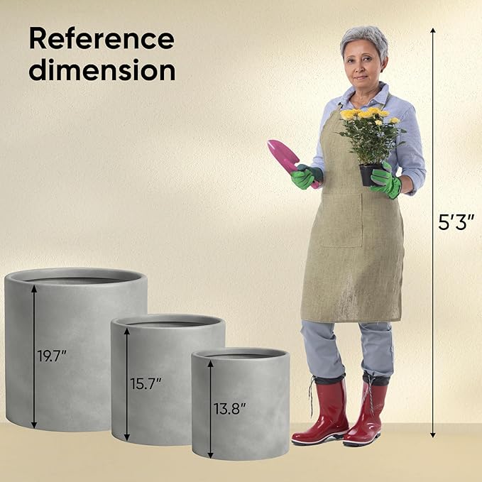 DTY Signature Mount Powell Fiberstone Planter - 14 Inch Large Gray Cylindrical Mid-Century Modern Home Decor Indoor & Outdoor Plant Pot - Durable Planters for Indoor Plants, Outdoor Spaces