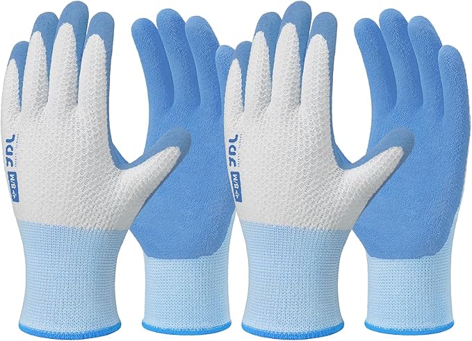 JDL Gardening Gloves for Women, 2 Pairs Breathable Latex Coated Yard Garden Gloves, Rubber Outdoor Protective Work Gloves with Grip, Blue, Large Size