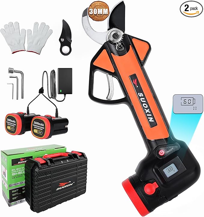 Cordless Electric Pruning Shears with LCD Display, 16.8V Brushless Motor, 1.2" Adjustable Cutting Diameter, 2×2600mAh Rechargeable Batteries, SK5 Rust-Resistant Blade, Garden Tree Branch Cutter