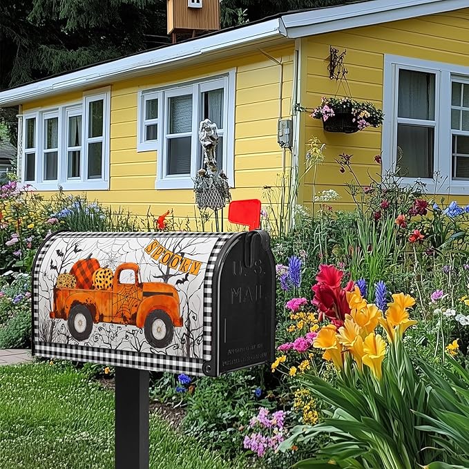 Orange Truck Mailbox Cover Halloween Mailbox Covers Magnetic Standard Size 21x18 inch Spider Web Mail Box Cover Pumpkin Decorative Mailboxes for Outside Garden Fall Autumn Buffalo Plaid