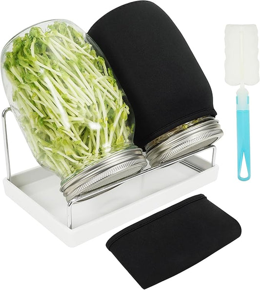 Sprouting Jar Kit Seed Sprouter Set for Growing Broccoli, Alfalfa, Mung Bea, Premium Stainless Steel Screen Sprout Lids, 2 Wide Mouth Mason Jars, Blackout Sleeves, Tray, Stand and Canning Brush