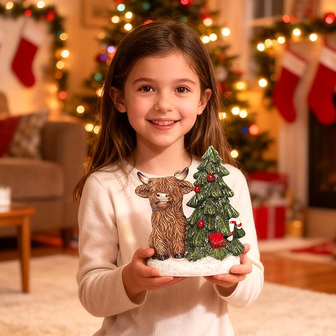 Christmas Highland Cow Figurines Decor, 2 PCS Small Christmas Cows with Snowman/Tree, Hanging Ornaments Xmas Resin Statue for Garden Bathroom Kitchen Home Table Decorations