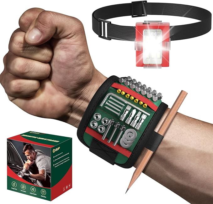 Magnetic Wristband with LED Light, Stocking Stuffers for Men, Christmas Gifts for Men, Dad, Him, Mechanics, Woodworker, Handyman, Magnet Tool Belt Wrist Band, Adjustable Wrist Screws Holder