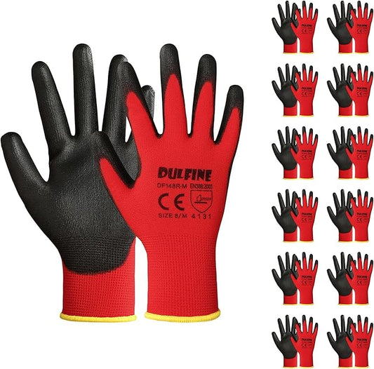 Safety Work Gloves PU Coated-12 Pairs,Red Seamless Knit Glove with Polyurethane Coated Smooth Grip on Palm & Fingers, for Men and Women, Ideal for General Duty Work (Extra Large)