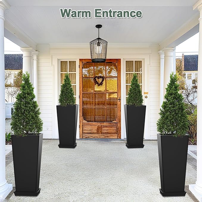 24" Set of 2 Tall Planters, Large Outdoor Flower Pots with Drainage Tray Modern Indoor Tapered Planter for Patio, Garden, Front Porch, Backyard (Black)