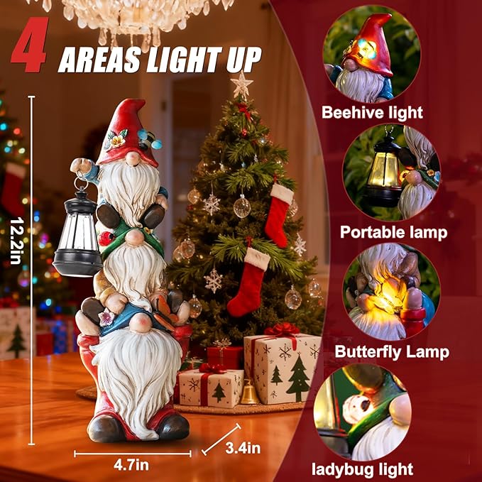 Christmas Gnome Statue with Solar Lights Garden Sculptures Funny Triple Gnome Outdoor Patio Lawn Yard Balcony Home Decor Birthday Gift for Woman Grandma 12 in Garden Gnome