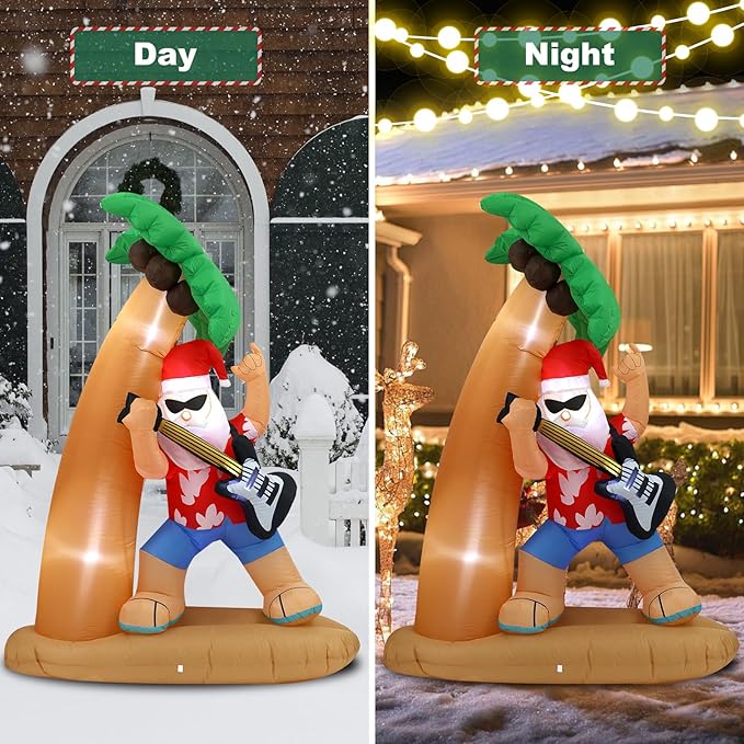 7FT Santa Claus Playing Guitar Under Coconut Tree Christmas Inflatable Decoration with LED Lights, Suitable for Holiday Celebration Decorations on Yards, Lawns and Patios