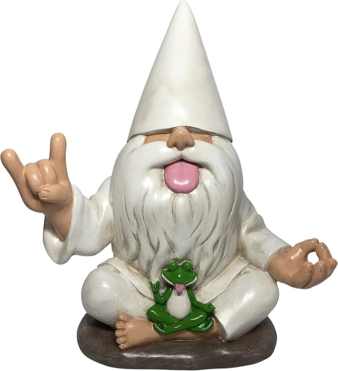 GlitZGlam Rocker Gnome George with Zen Frog - This Garden Gnome Combines Peace, Tranquility and Rock N Roll for Your Fairy Garden