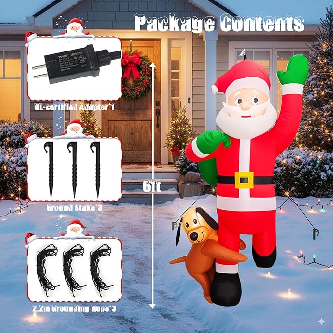 6 FT Christmas Inflatables Santa Claus Decoration with Gifts Bag,Hanging Blow Up Santa Decor with Built-in LED Lights,Outdoor Xmas Yard Decoration Holiday Party Supplies with Dog for Tree Roof Garden