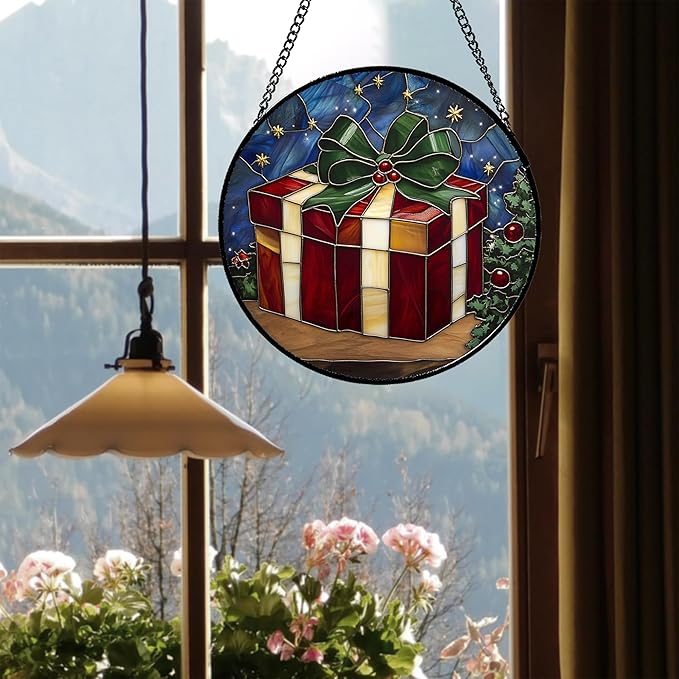 Stained Glass Window Hanging Box 7.8" - Suncatcher Door Garden Sunroom Purple Starry Sky Sun Catcher New Year Birthday for Friend Mom Men Woman Nana