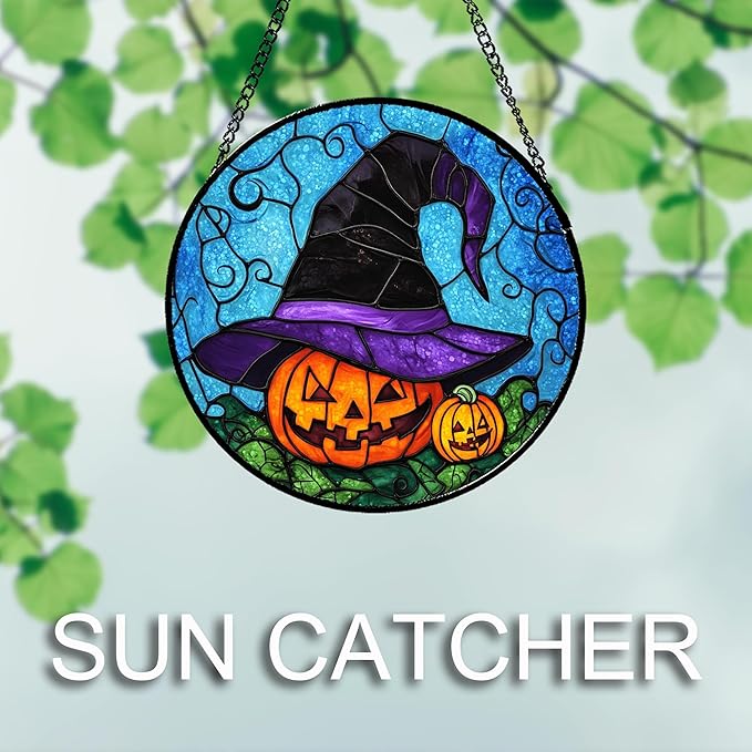 Stained Glass Window Hanging Halloween Horror Pumpkin 11.8" - Suncatcher Door Garden Sunroom Purple Black Witch Hat Sun Catcher Birthday for Friend Mom Men Woman Nana