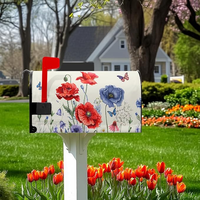 Red Blue Floral Mailbox Covers 4th of July Mail Box Covers Magnetic Standard Size 21x18 inch Patriotic Butterfly Flower Post Letter Box Cover Wrap Decorative Mailboxes for Outside Garden