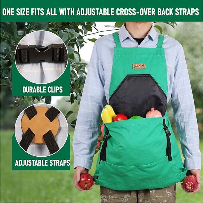 Grampa's Garden Apron - Cross Back Gardening Apron With Pockets For Women & Men | Harvest Apron with Large Kangaroo Pouch