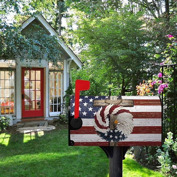 American Eagle Patriotic Mailbox Covers Magnetic Standard Size USA Flags Cross Mailbox Wraps 4th of July Mailbox Post Cover Independence Day Mailbox Decor Waterproof for Garden Yard 21x18 Inch
