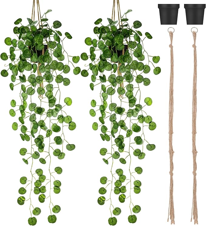Folmywy 2 Pack Artificial Hanging Plants Vines with Pot Fake Greenery Potted Plant Eucalyptus Leaves Decoration for Indoor Outdoor Wall House Room Patio Bookshelf Office Party Decor