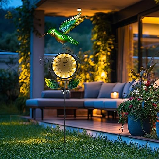 HONGLAND Outdoor Thermometer with Solar & Warm LED Lights, Metal Hummingbird Temperature Stake for Garden, Lawn, Patio, Waterproof Yard Decor