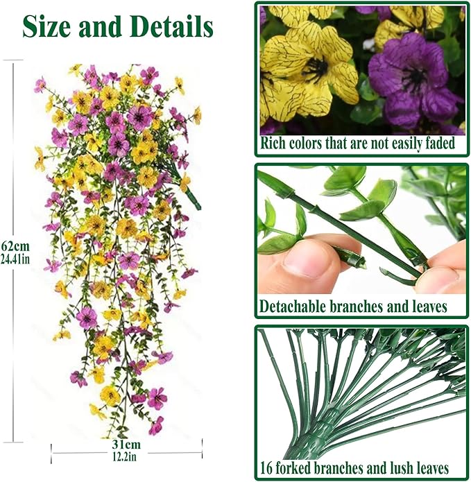 Artificial Faux Hanging Flowers Plants for Outdoor Decor 2 PCS Outside Fake Mums Violets with Eucalyptus UV Resistant Realistic Daisy Trailing Vines for Yard Balcony Porch Decor (Yellow Purple)
